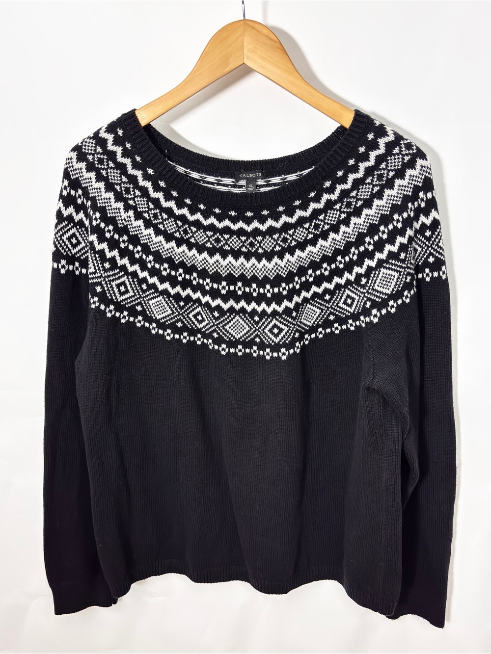 Talbots Black and White Fair Isle Geometric Design Scoopneck Sweater XL